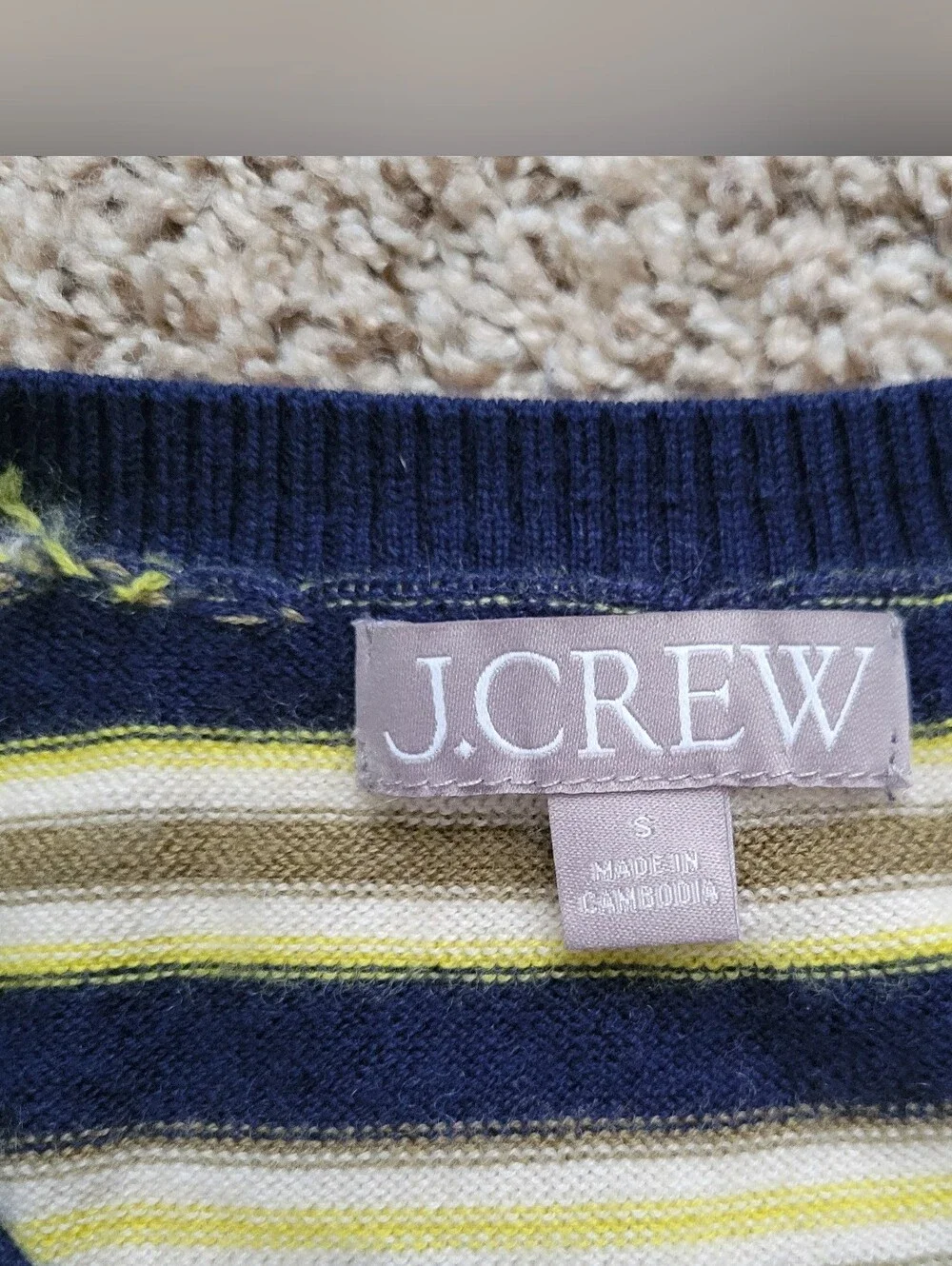 J. Crew Carolyn Sweater Tee Striped Merino Wool Navy Blue Yellow Crew Neck Small